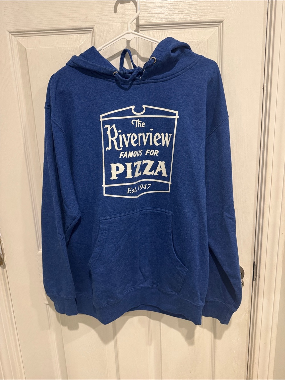 Vintage Riverview Blue Crewneck Sweater with Pizza Graphic